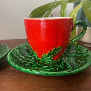 VINTAGE Tomato Ceramic Tea Cups and Saucers - Set of 2